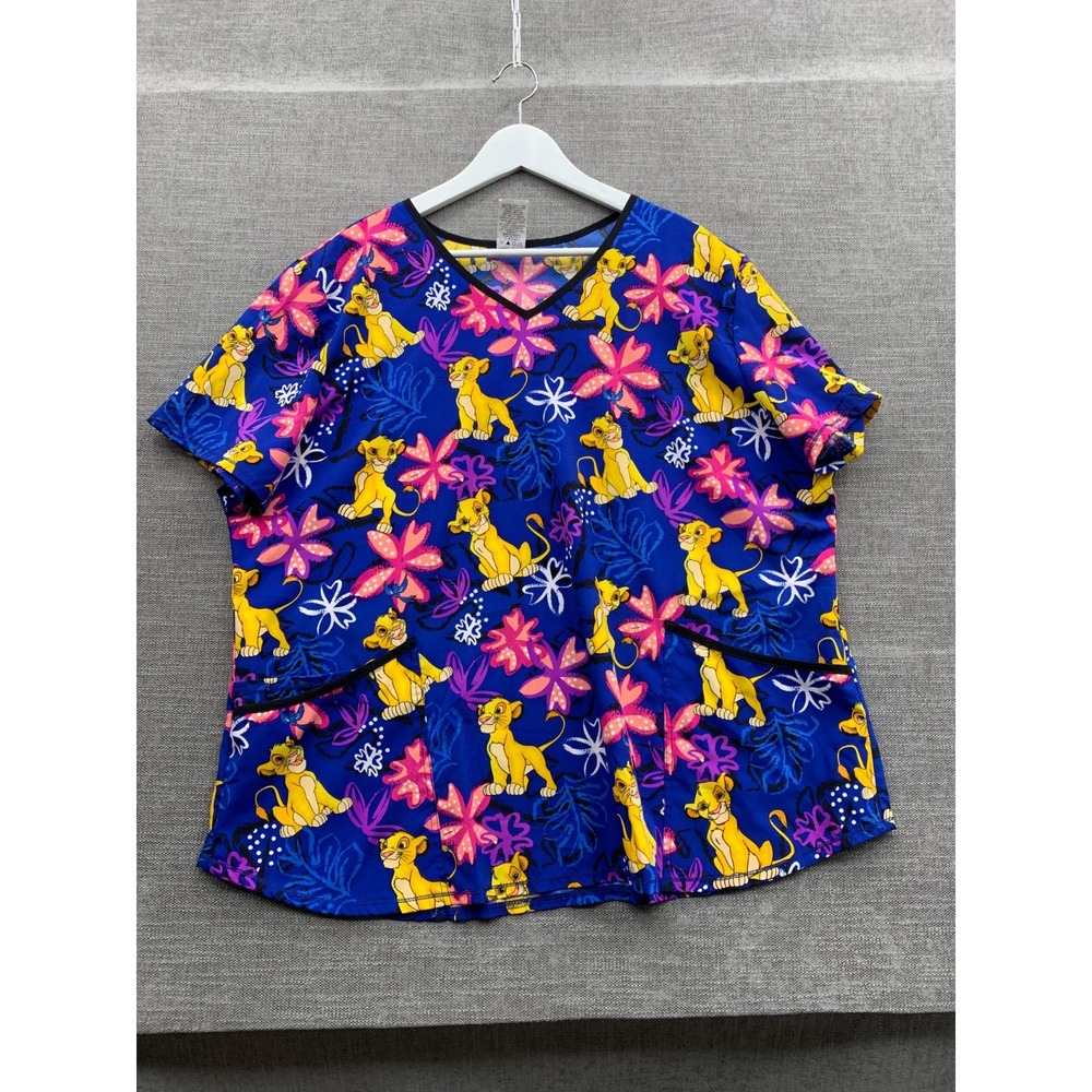 Disney Simba Lion King Medical Nursing Vet Tech Scrub Top Womens 2XL Multicolor